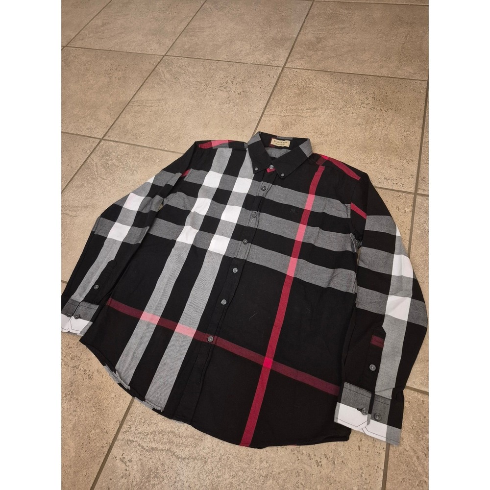 Burberry London England Men's Check Cotton Shirt Long Sleeves Black Red Gray - Picture 5 of 13
